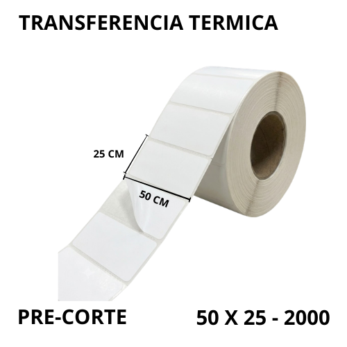 ROLLO DE STICKER TRANSFERENCIA TERMICA 50X25MM 2000 UNIDADES CON PRE-CORTE STK-5025-2000